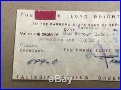 1951 Frank Lloyd Wright Signed Check Farmers State Bank Free Shipping