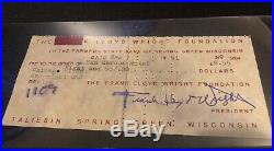 1951 Original Signed Check Frank Lloyd Wright Hotel Autograph To Farmers Bank