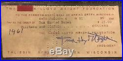 1951 Original Signed Check Frank Lloyd Wright Hotel Autograph To Farmers Bank