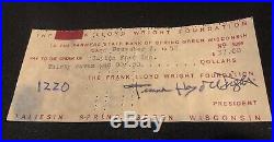 1952 Original Signed Check Frank Lloyd Wright Hotel To Farmers Bank Sutton Ford