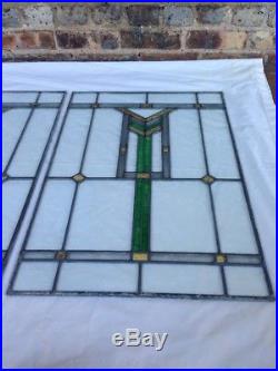 Antique Frank Lloyd Wright Style Leaded Stain Glass Window Set Of 2 Unframed