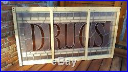 Antique Stained Glass Window Drugstore Sign DRUGS Frank Lloyd Wright Flower Tile