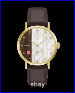 BRAND NEW Bulova Men's Frank Lloyd Wright Gold Case Brown Leather Watch 97A141