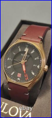 BULOVA 40mm MEN'S PERFORATED PANELS FRANK LLOYD WRIGHT BURGUNDY LEATHER 97A192