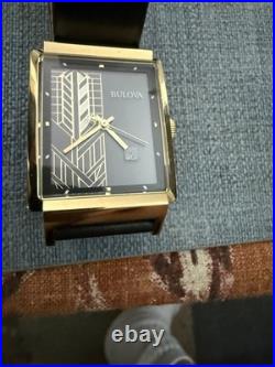 Bulova Frank Lloyd Wright Gold Rectangle Watch Black Dial Leather Band Water-Re
