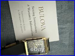 Bulova Frank Lloyd Wright Gold Rectangle Watch Black Dial Leather Band Water-Re