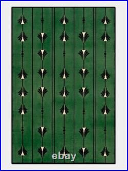 Emerald, Green Art Deco Rug Frank Lloyd Wright Inspired Geometric Floral Wool