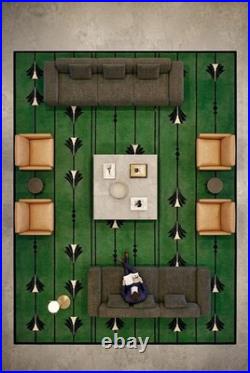 Emerald, Green Art Deco Rug Frank Lloyd Wright Inspired Geometric Floral Wool