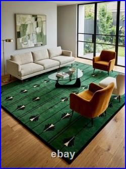 Emerald, Green Art Deco Rug Frank Lloyd Wright Inspired Geometric Floral Wool