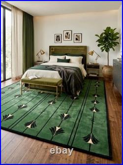 Emerald, Green Art Deco Rug Frank Lloyd Wright Inspired Geometric Floral Wool