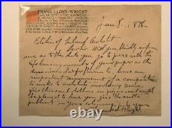 FRANK LLOYD WRIGHT-SIGNED 1898 Hand Written Letter and Stamped Evelope in INK