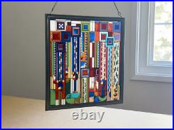 FRANK LLOYD WRIGHT Saguaro Forms & Cactus Flowers Stained Glass Panel with Chain