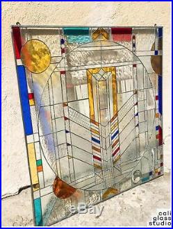 Frank Lloyd Wright Abstract Tiffany Style Stained Glass Window Panel Hanging