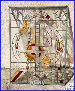 Frank Lloyd Wright Abstract Tiffany Style Stained Glass Window Panel Ojo de Buey