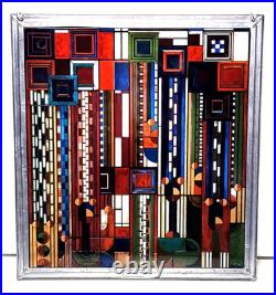 Frank Lloyd Wright Adapted Stained Glass Saguaro Forms & Cactus Flowers Panel