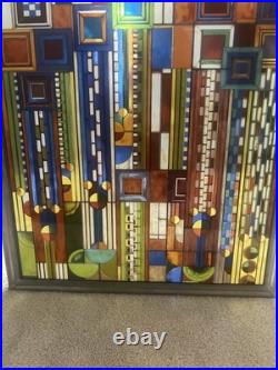 Frank Lloyd Wright Adapted Stained Glass Saguaro Forms & Cactus Flowers Panel