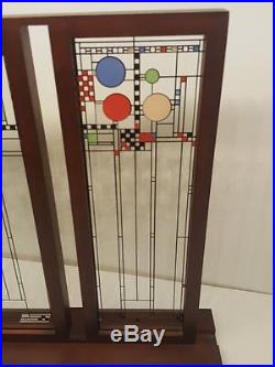 Frank Lloyd Wright Coonley Playhouse Set 3 Stained Art Glass Panels Wood Base