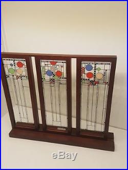 Frank Lloyd Wright Coonley Playhouse Set 3 Stained Art Glass Panels Wood Base