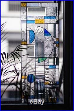 Frank Lloyd Wright Inspired Tiffany Style Stained Glass Window Geometric Beveled