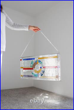 Frank Lloyd Wright Insprd Tiffany Style Stained Glass Window 24 by 11 Inches