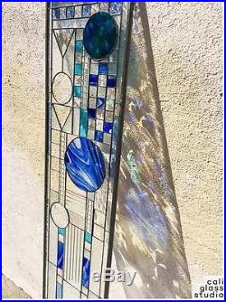 Frank Lloyd Wright Long Abstract Tiffany Style Stained Glass Window Panel Blue
