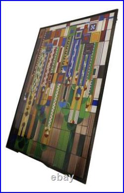 Frank Lloyd Wright Metal Framed Saguaro Cactus Flowers Stained Glass Wall Decor