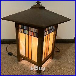 Frank Lloyd Wright Mission Style Box Lamp Wood, Stained Glass, with Metal Shade