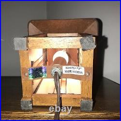Frank Lloyd Wright Mission Style Box Lamp Wood, Stained Glass, with Metal Shade