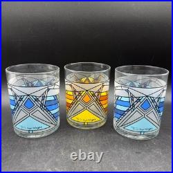 Frank Lloyd Wright MoMA Butterfly Window Glass Set of 3 Blue Yellow Whiskey