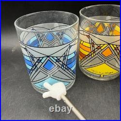 Frank Lloyd Wright MoMA Butterfly Window Glass Set of 3 Blue Yellow Whiskey