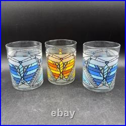 Frank Lloyd Wright MoMA Butterfly Window Glass Set of 3 Blue Yellow Whiskey