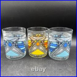 Frank Lloyd Wright MoMA Butterfly Window Glass Set of 3 Blue Yellow Whiskey