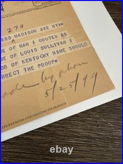 Frank Lloyd Wright Original 1949 Western Union Telegram Louis Sullivan