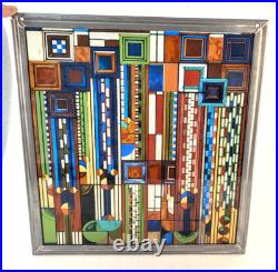 Frank Lloyd Wright Saguaro Cactus Flowers Stained Glass Art with Metal Frame