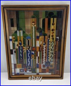 Frank Lloyd Wright Saguaro Cactus Flowers Stained Glass Panel 12 x 15 (Frame)