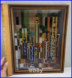 Frank Lloyd Wright Saguaro Cactus Flowers Stained Glass Panel 12 x 15 (Frame)