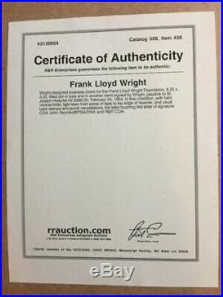 Frank Lloyd Wright Signed 1952 Document, PSA/DNA LOA and R&R Auctions COA
