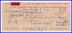 Frank Lloyd Wright Signed Autographed Check Farmers State Bank Dated 1950