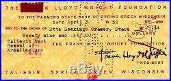Frank Lloyd Wright Signed Check 1952 Taliesin East, Historical