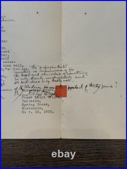 Frank Lloyd Wright Signed TLS 1930 Harlan Hale Yale Modern Architecture