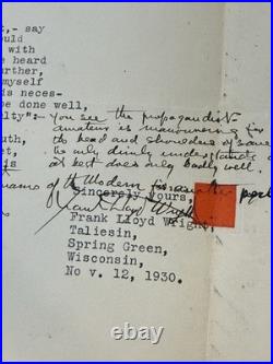 Frank Lloyd Wright Signed TLS 1930 Harlan Hale Yale Modern Architecture