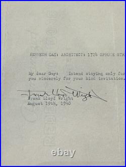 Frank Lloyd Wright Signed Taliesin Note to Architect Kenneth Day 1940 Rare