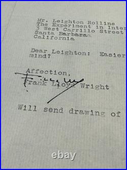 Frank Lloyd Wright Signed Taliesin West Note Mile High Illinois 1956 Rare