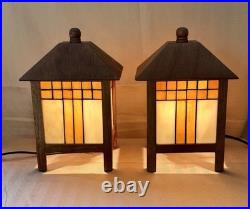 Frank Lloyd Wright Style Mission 2 Table Lamps Amber And White Stained Glass