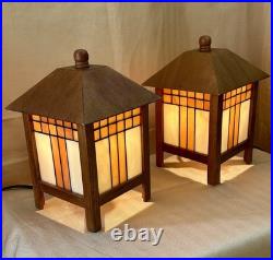 Frank Lloyd Wright Style Mission 2 Table Lamps Amber And White Stained Glass