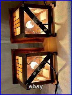 Frank Lloyd Wright Style Mission 2 Table Lamps Amber And White Stained Glass