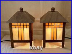 Frank Lloyd Wright Style Mission 2 Table Lamps Amber And White Stained Glass