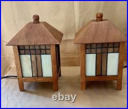 Frank Lloyd Wright Style Mission 2 Table Lamps Amber And White Stained Glass