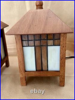 Frank Lloyd Wright Style Mission 2 Table Lamps Amber And White Stained Glass