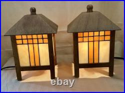 Frank Lloyd Wright Style Mission 2 Table Lamps Amber And White Stained Glass